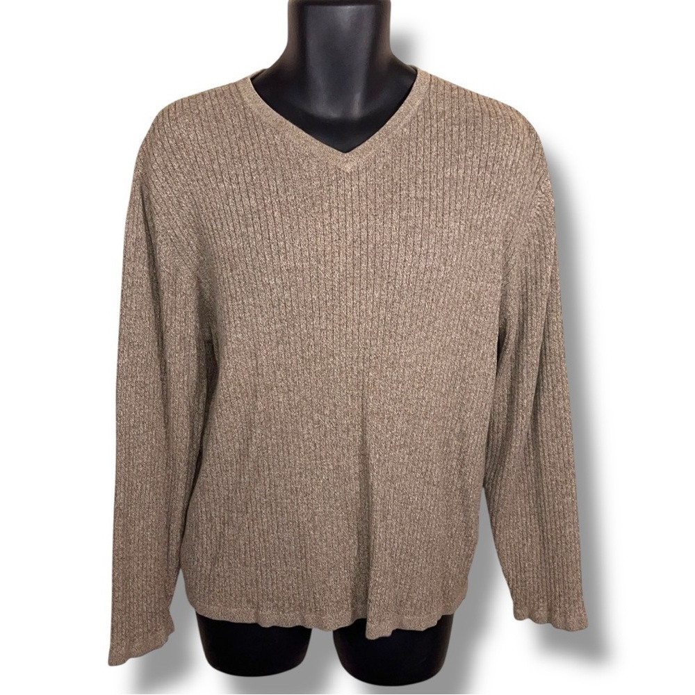 XL Reunion Mens Beige Cotton Knit Vneck Long Sleeve Classic Academia Sweater